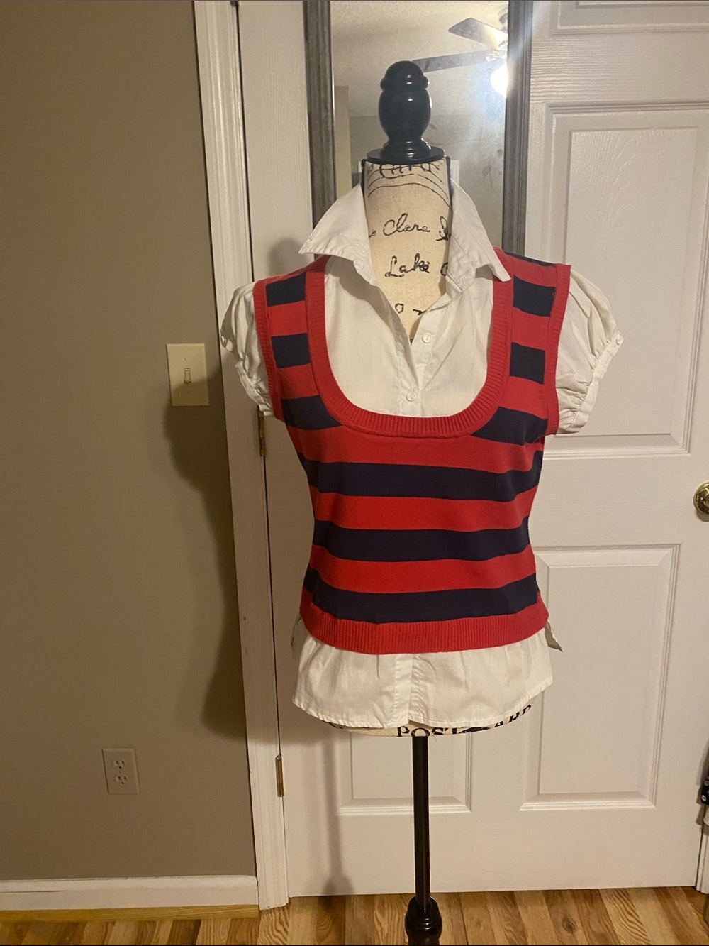 It's Our Time Red and Navy Striped Knit    Sweater over cotton blouse